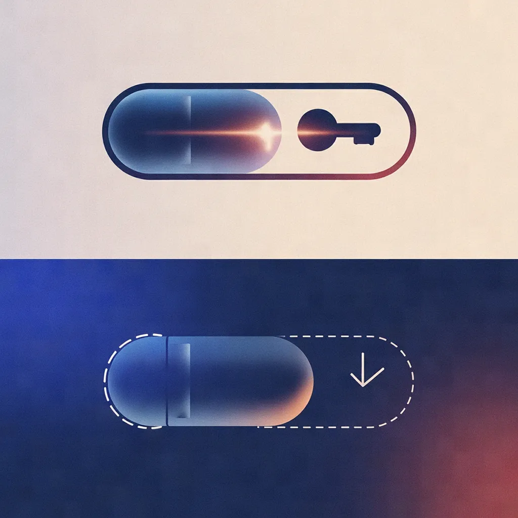 Two credential flow diagrams: top shows a closed capsule connected to a key icon; bottom shows an open capsule outline with a clock arc, illustrating different authentication paths