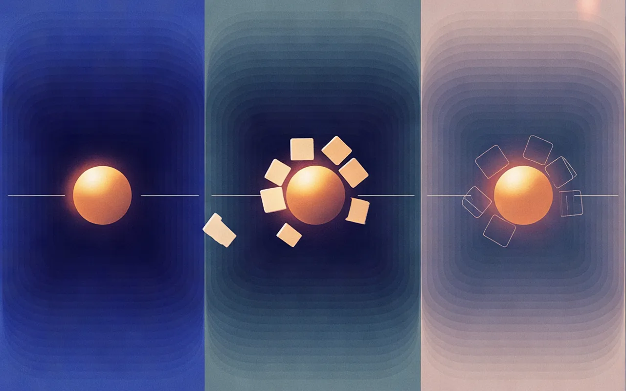 A warm orb repeats across three color fields as surrounding geometric shapes change and fade.