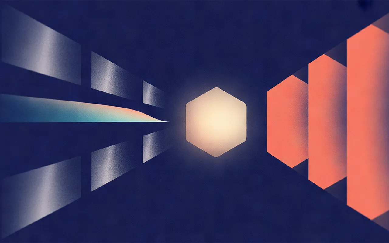 Geometric pieces flank a glowing hexagonal center, with a translucent teal band on the left.