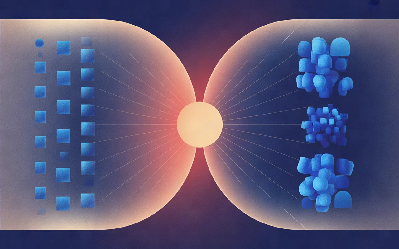 Abstract illustration of one identity node sitting where two translucent organizational boundaries overlap, with differently arranged access shapes grouped inside each boundary.
