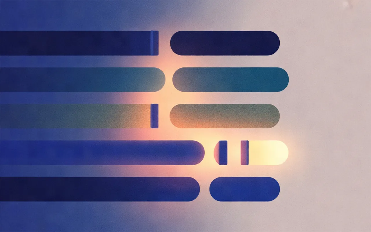 Horizontal blue, teal, and amber bands broken into segments by gaps.