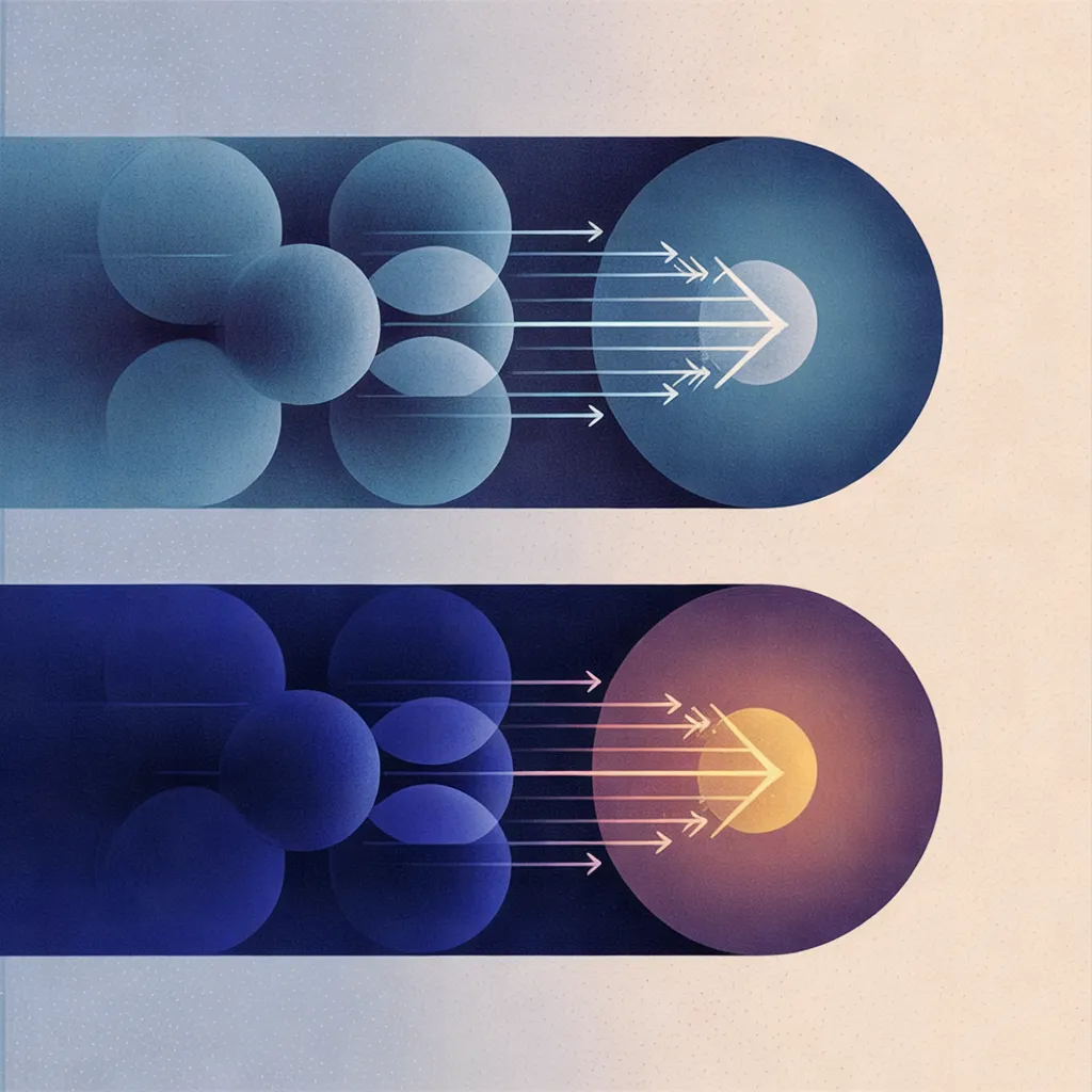 Two data flow pathways: top shows multiple small circles individually connecting to a node; bottom shows small circles consolidating into one larger circle before connecting to the
