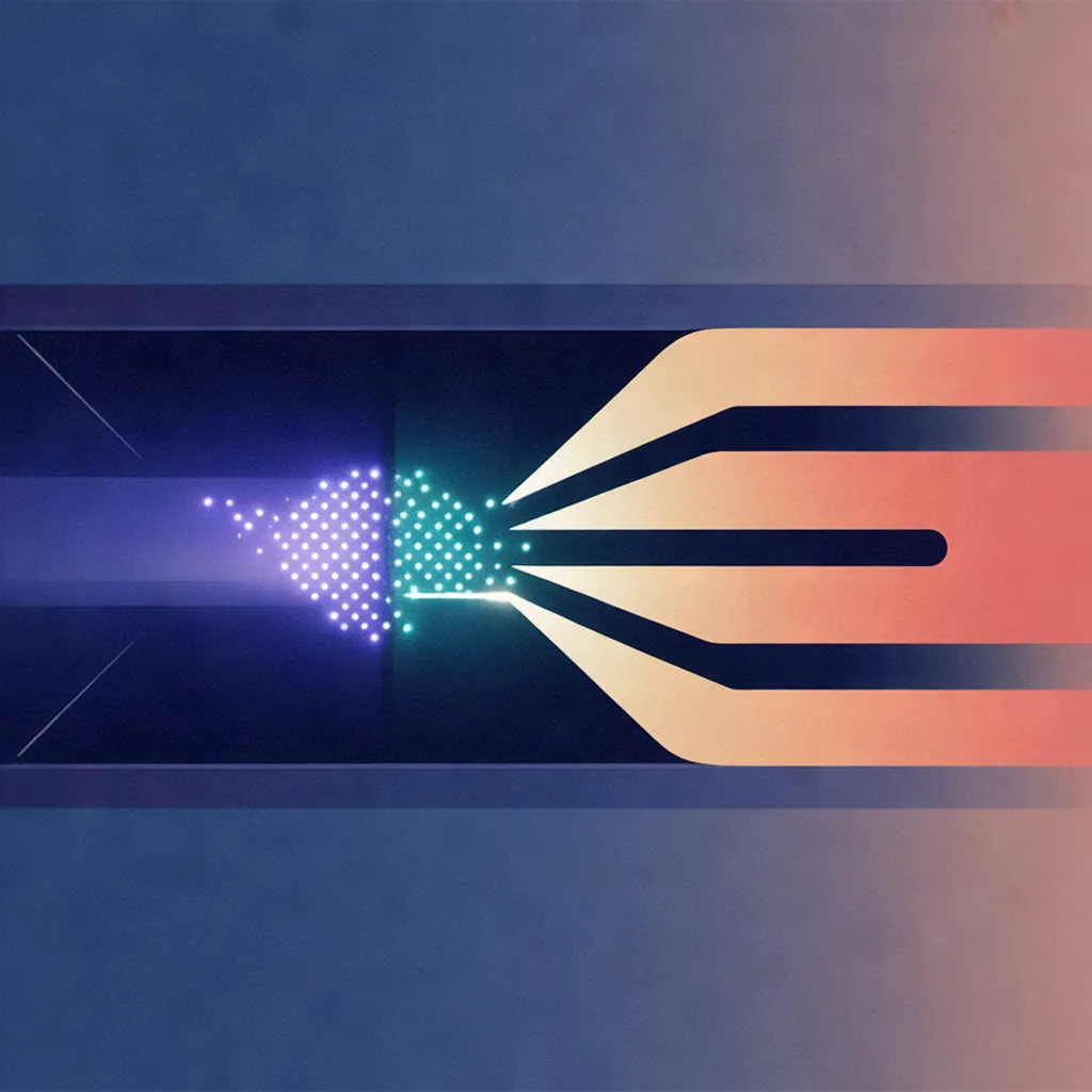 Illustration of two glowing data streams merging into a single channel, then splitting into three parallel paths flowing into containers.