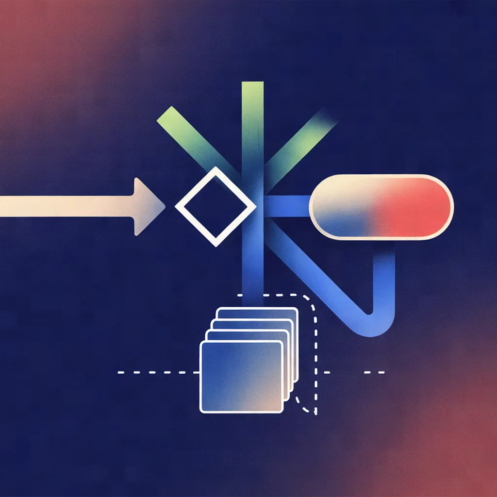 Diagram showing data flow through a router: an arrow enters a diamond-shaped router, then branches to either a rounded rectangle output directly, or down to a queue of stacked card