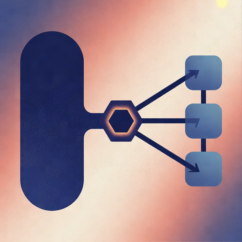 Diagram showing a data flow from a source system through a central hub to three connected destination systems.