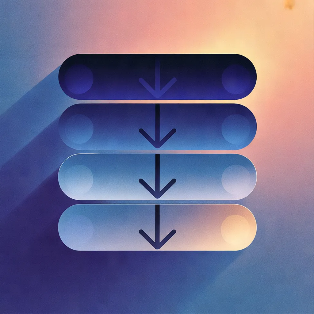 Four stacked rounded rectangles with downward arrows showing a cascading decision flow, darkening from light blue at top to deeper indigo at bottom.