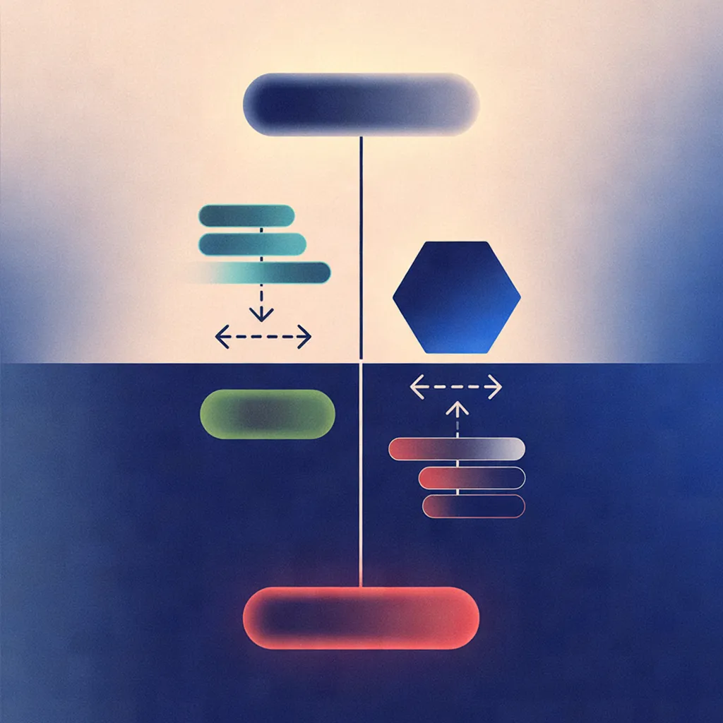 Diagram showing a decision tree with a blue rounded rectangle at top branching into two paths: left side has teal bars with dashed arrows, right side has a hexagon splitting into g
