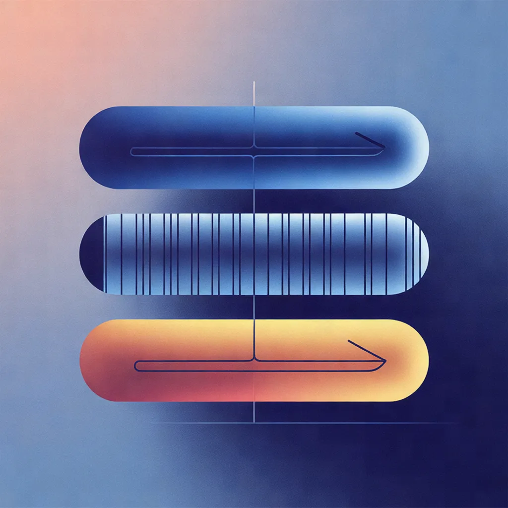 Three horizontal rounded bars with different visual patterns: a solid deep blue bar, a segmented light blue bar, and an amber bar with a curved arrow loop at its end.