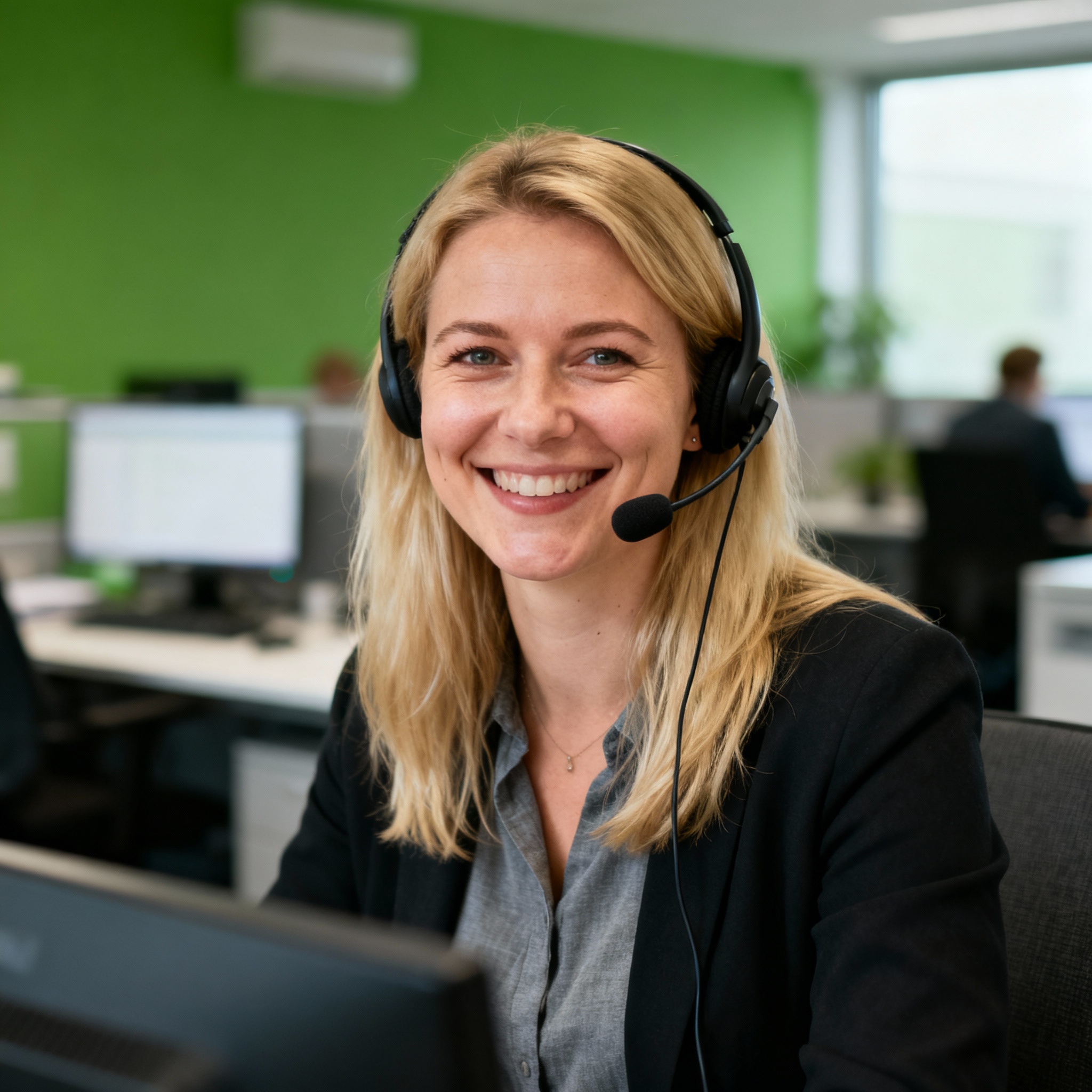 Eine freundliche Kundenservice-Mitarbeiterin mit Headset lächelt.