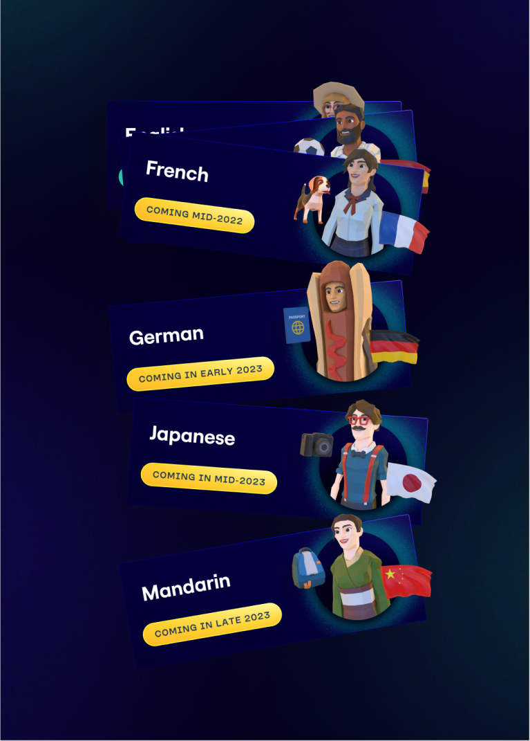 Immerse | A screen shot of Avatars and their corresponding language options.