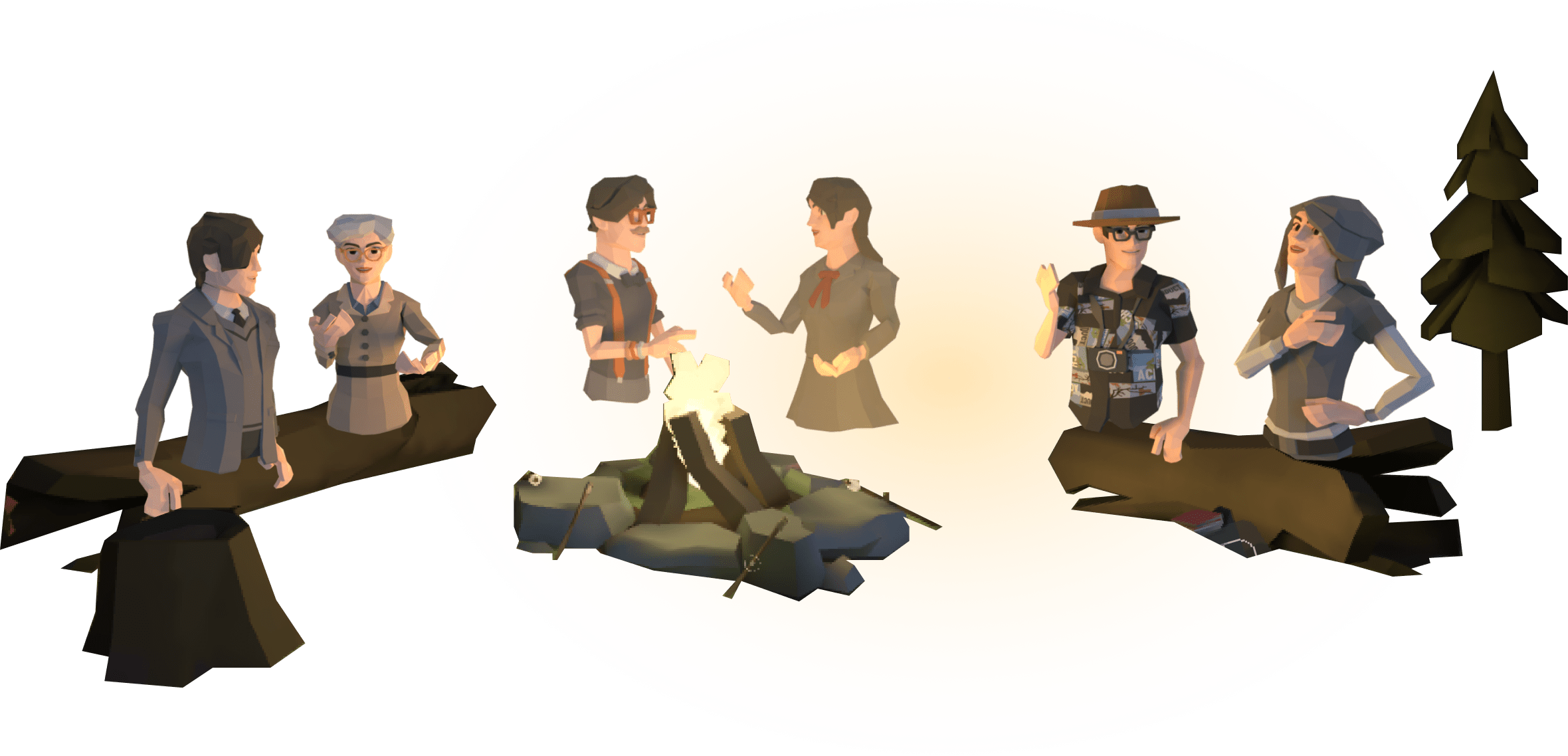 A group of avatars from the Immerse world gather around a campfire.