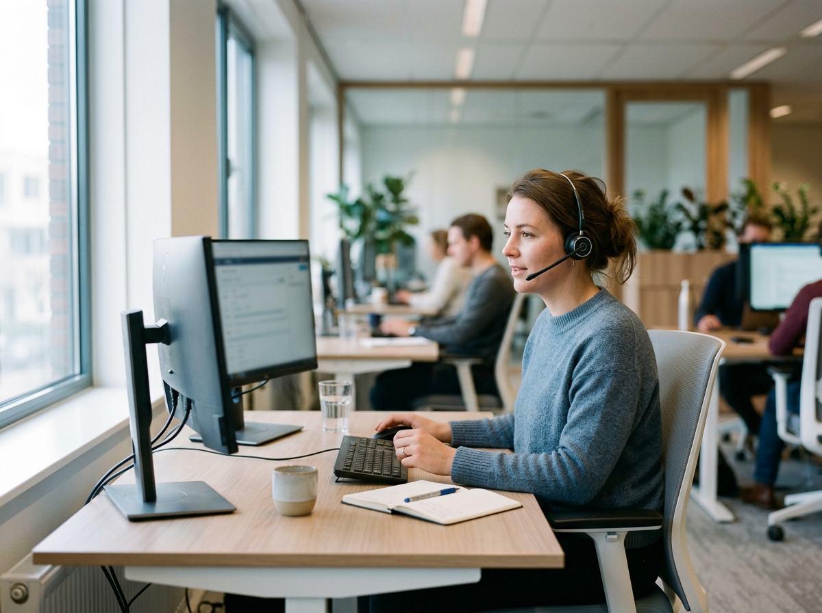 Servicedeskmedewerker met headset aan het werk achter twee beeldschermen