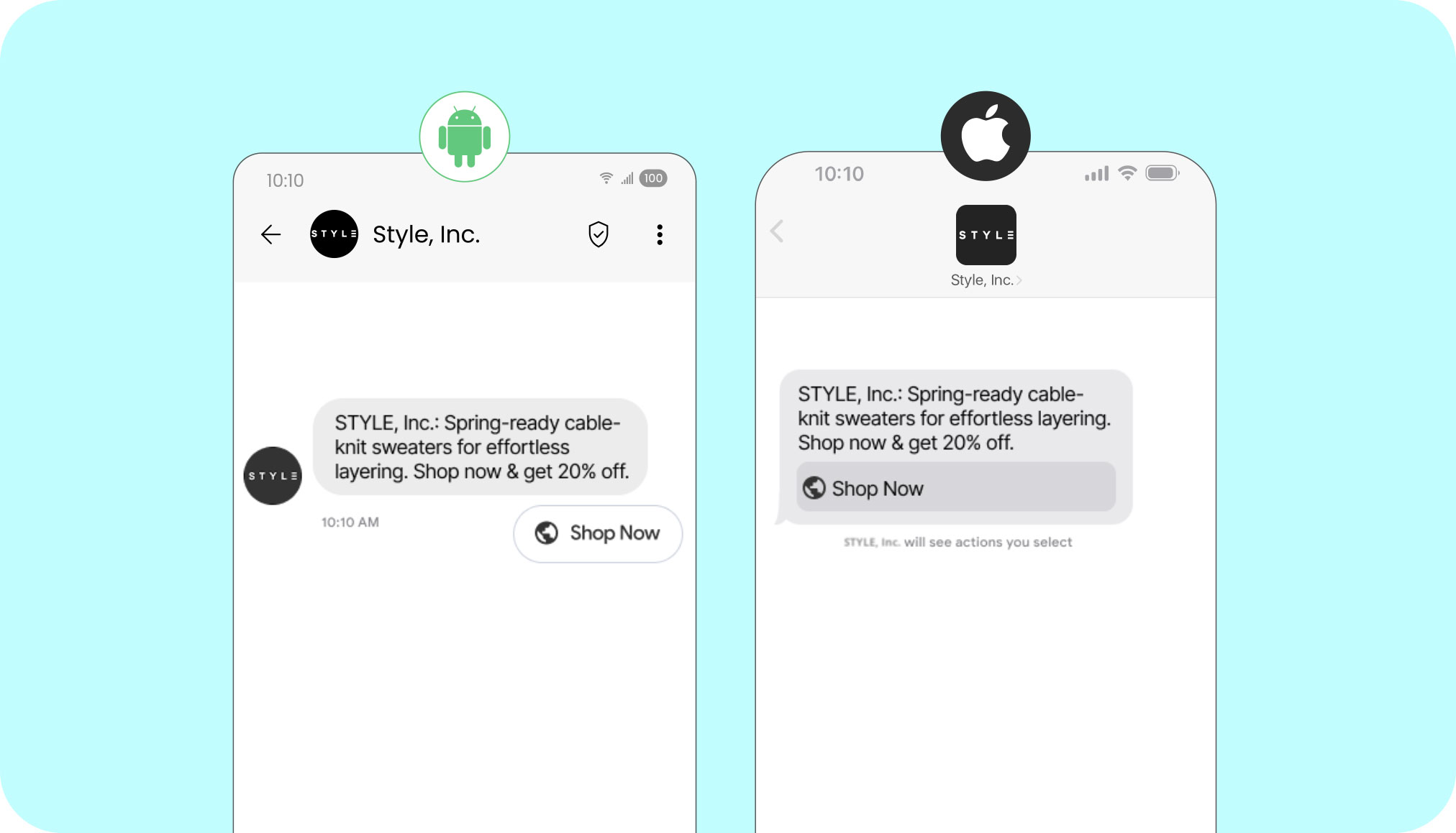 RCS message example on iPhone vs. Android - Suggested action & reply buttons