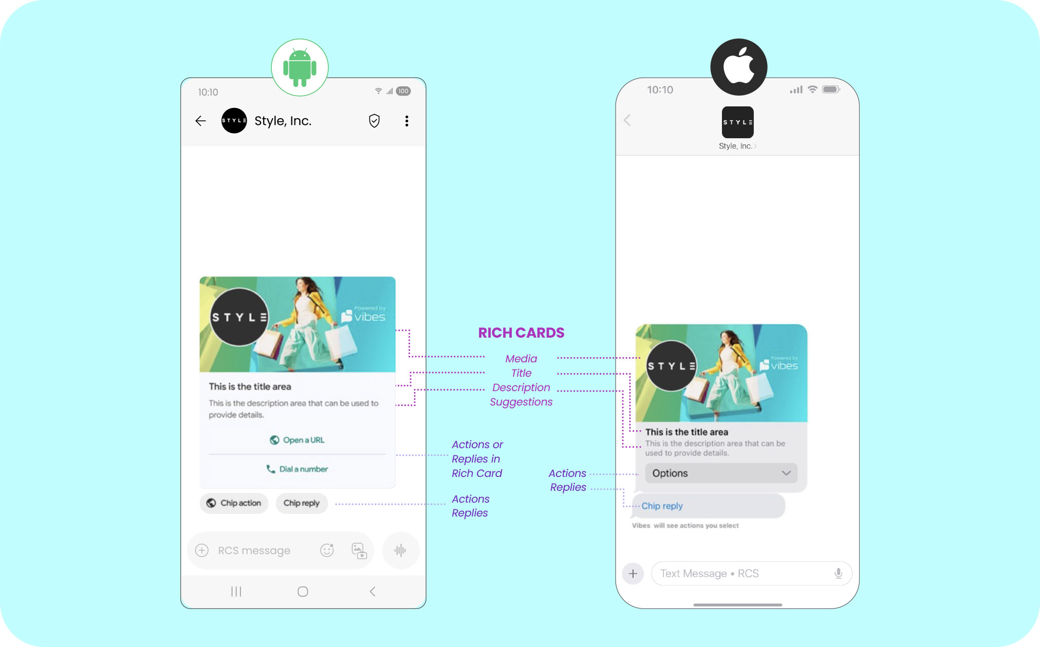 RCS message example on iPhone vs. Android - Rich cards and carousels