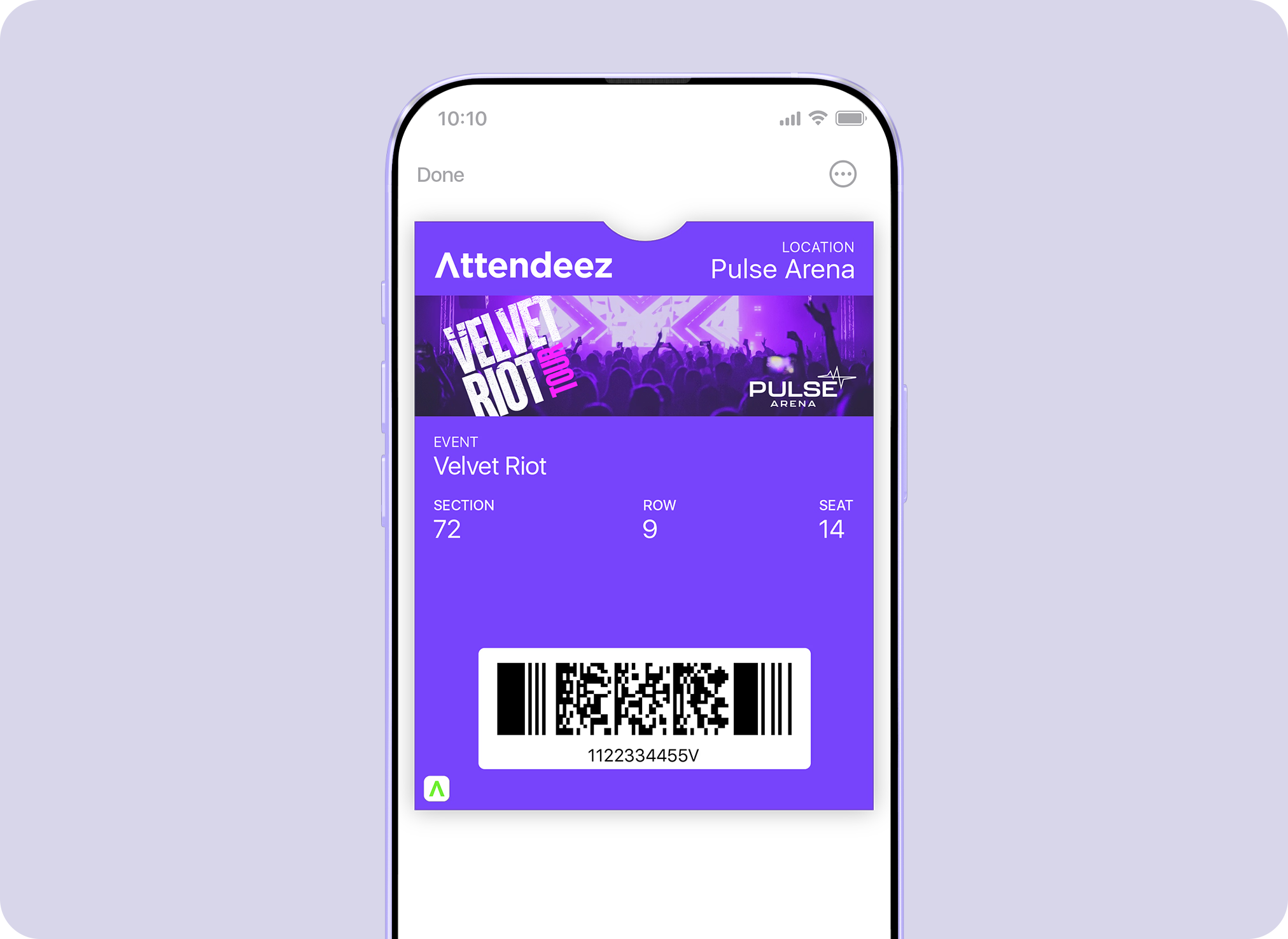 Mobile wallet event ticket pass displayed on a smartphone