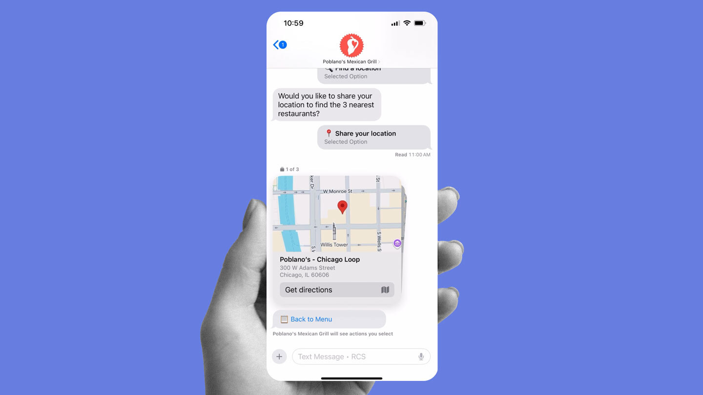 RCS share location suggested action for a restaurant guest
