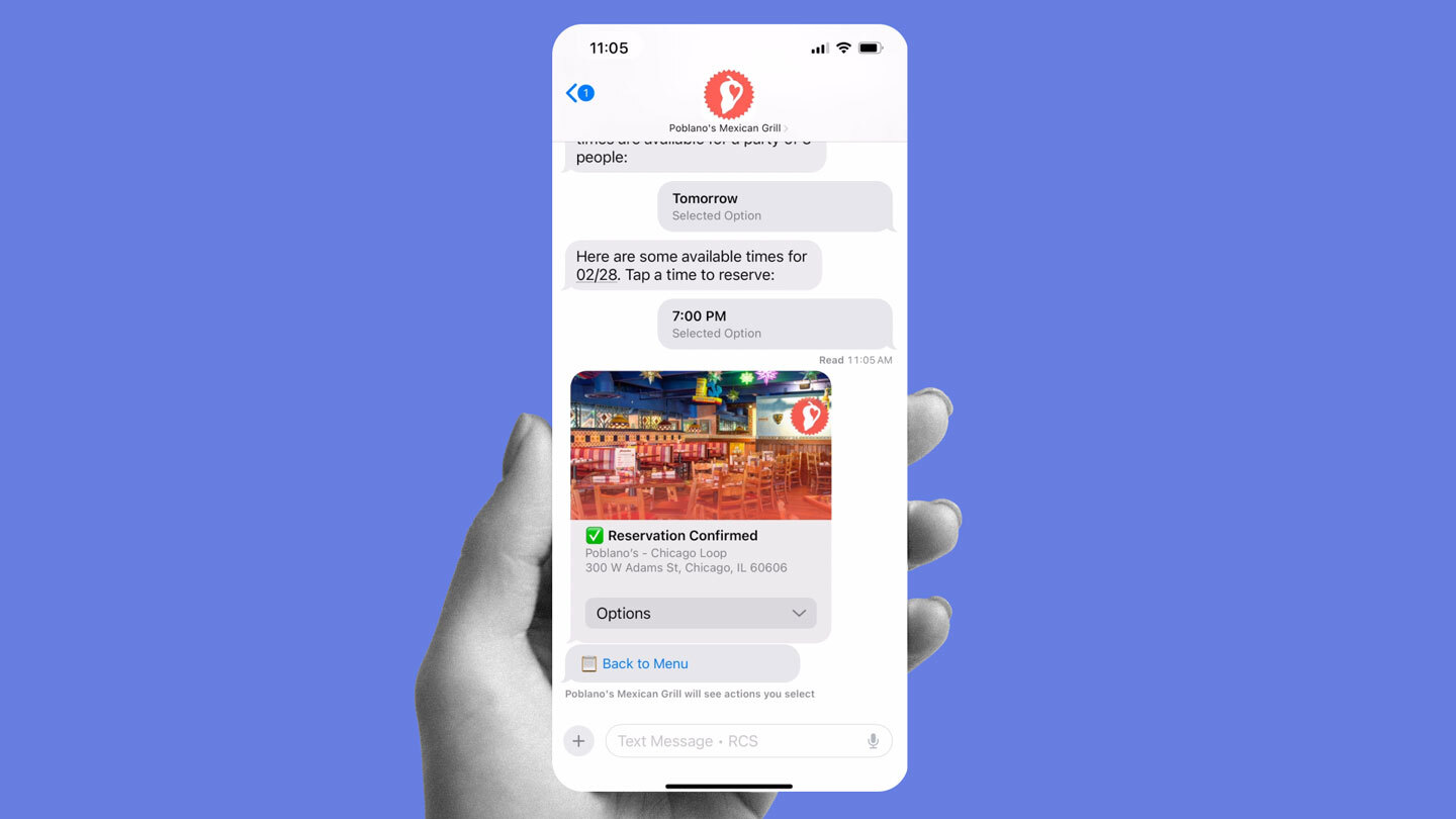 RCS make a reservation message for a restaurant