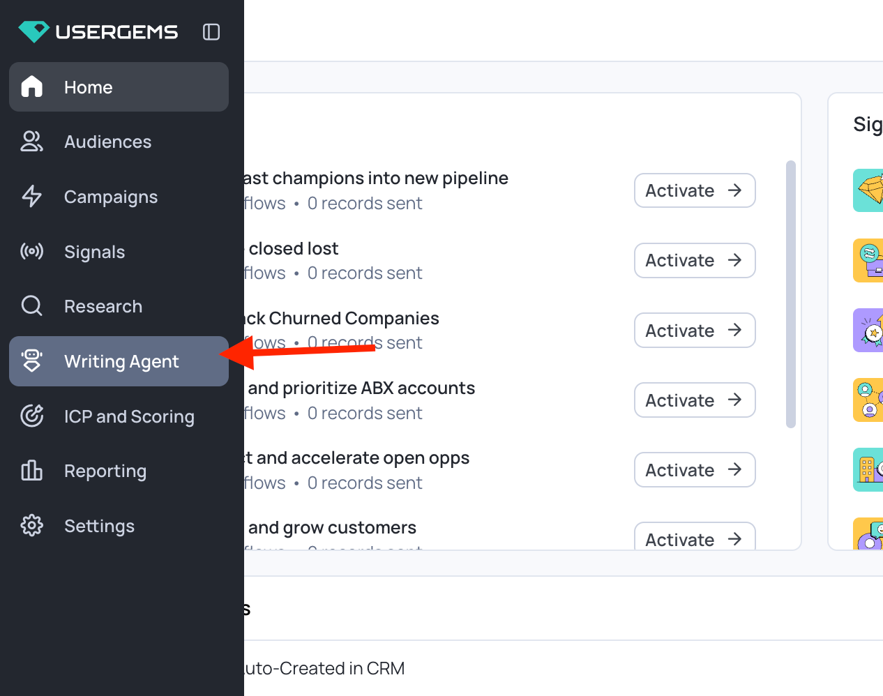 Writing Agent tab in the UserGems left-hand navigation