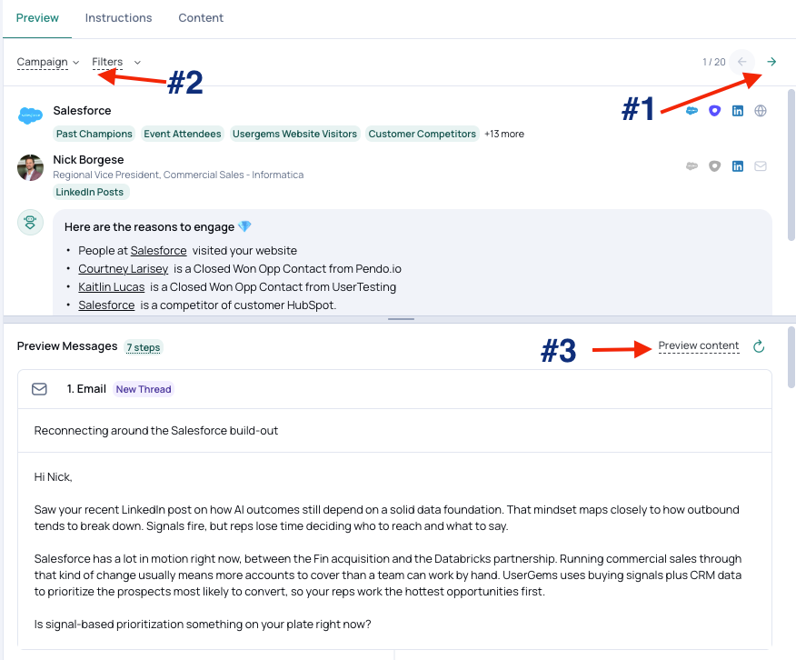 Preview panel showing prospect switching, filters and content preview