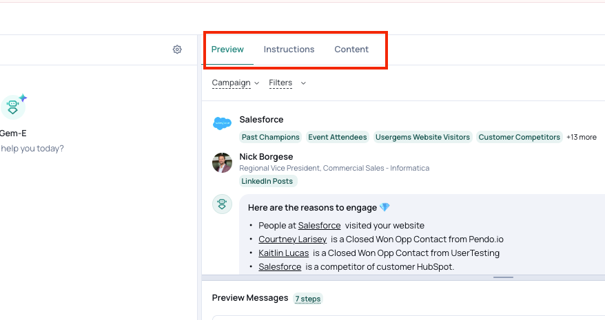 Preview, Instructions and Content tabs on the right panel