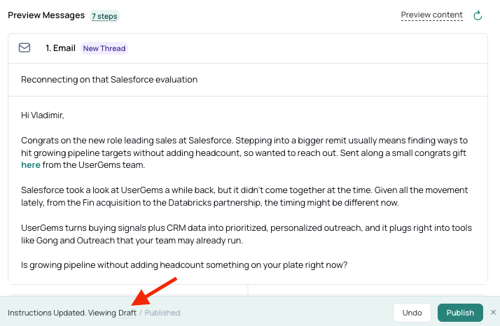 The bottom bar showing Viewing Draft or Published with Undo and Publish