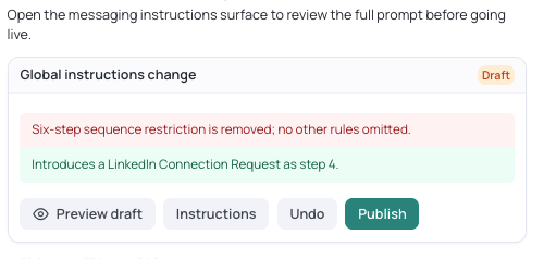 A change card tagged Draft showing what was removed and added