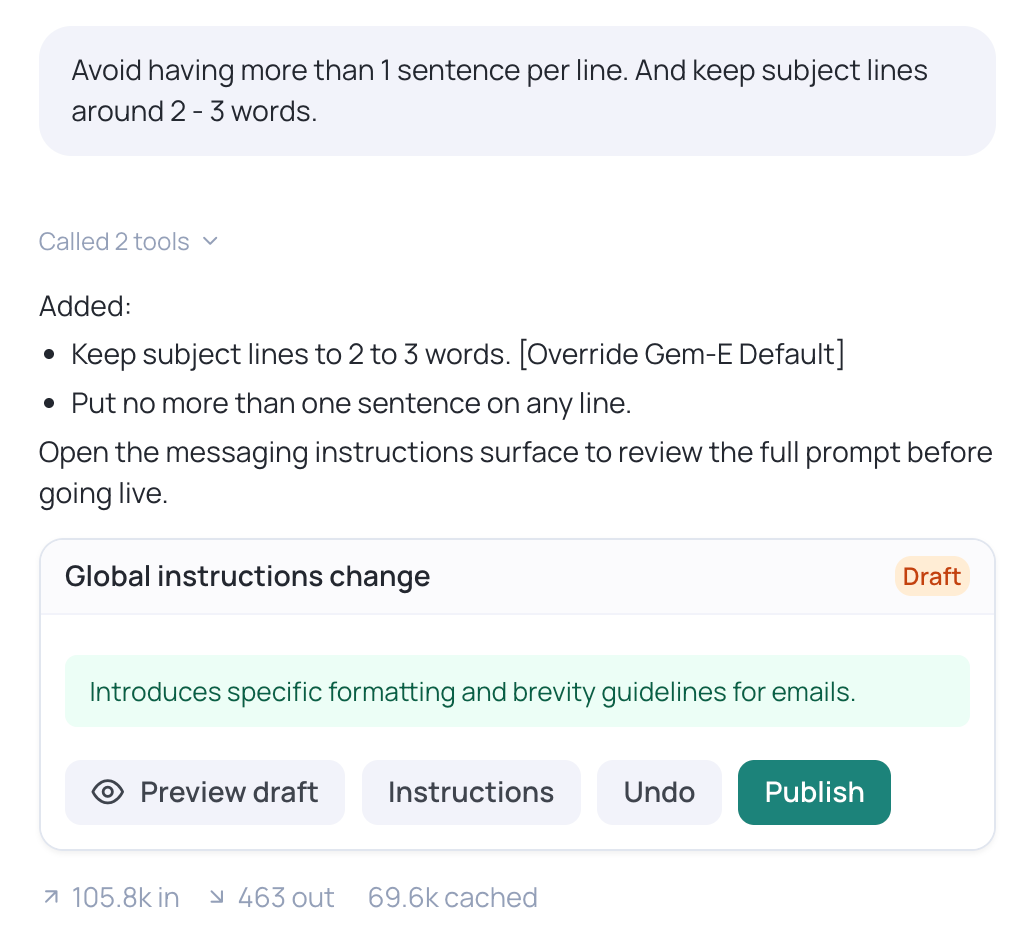 A chat request and the resulting change card with Preview draft, Instructions, Undo and Publish