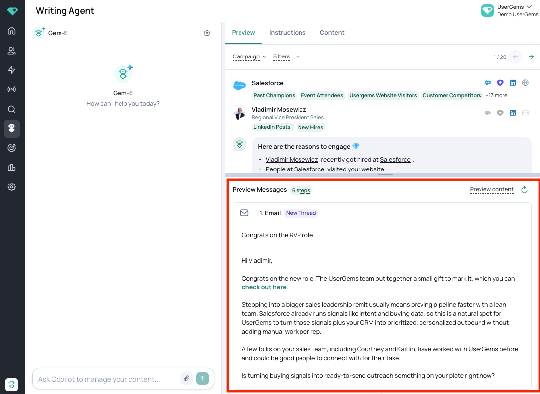 The Writing Agent screen split into chat on the left and preview on the right