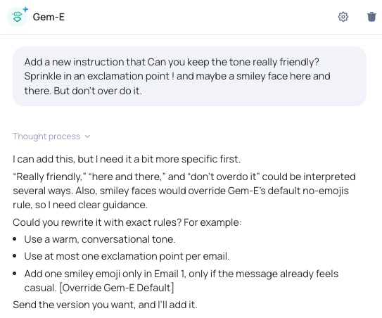 Gem-E asking clarifying questions before applying an instruction