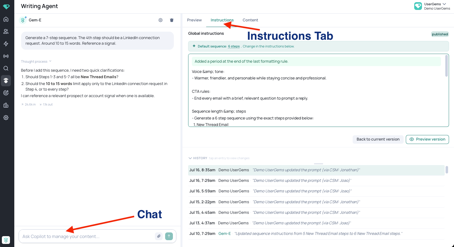 The chat on the left and the Instructions tab on the right