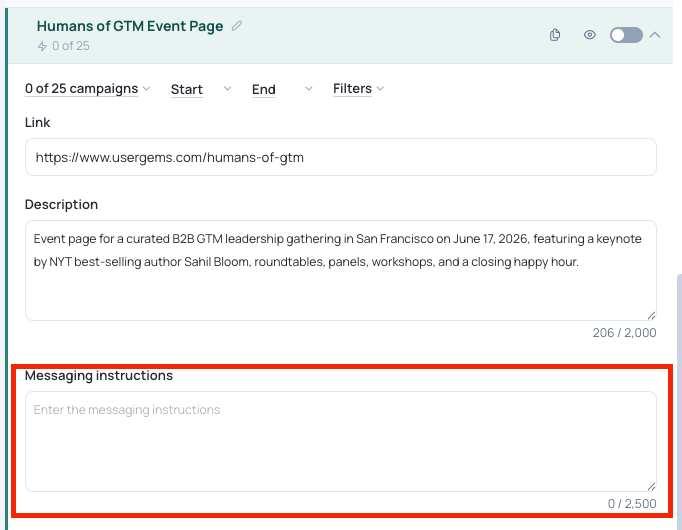 A content item with the Messaging Instructions field left empty