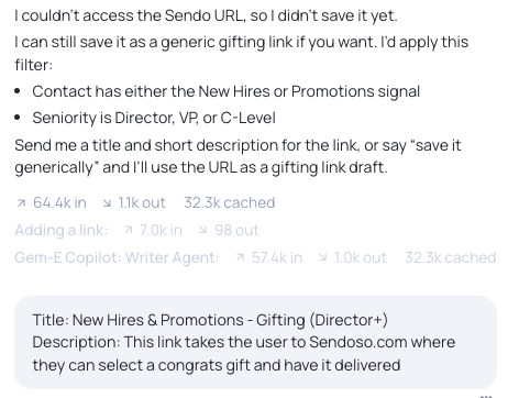 Gem-E asking for a title and description it could not read from the URL