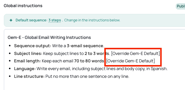 Global instructions showing the Override Gem-E Default tag
