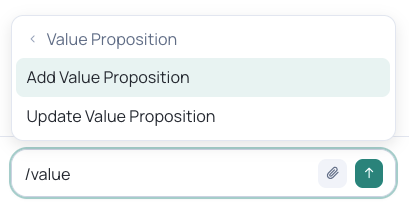 The /value slash command with Add and Update Value Proposition