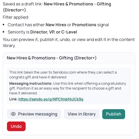 The content card with Preview messaging, View in library, Publish and Undo