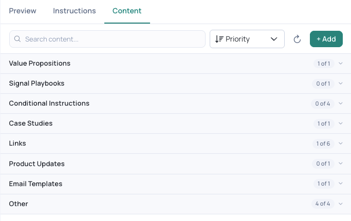 The Content tab listing every content type