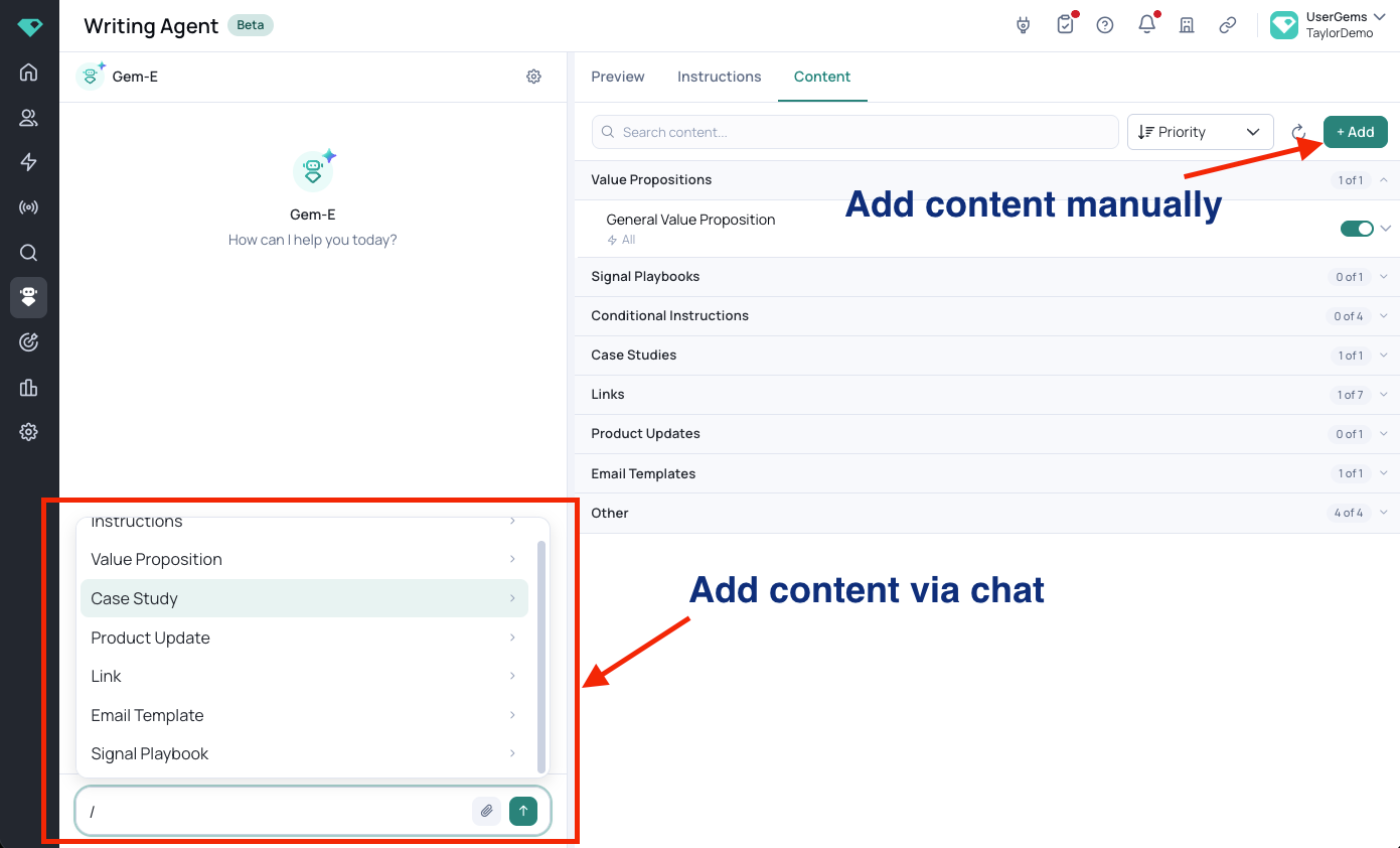 Adding content manually with + Add or through the chat