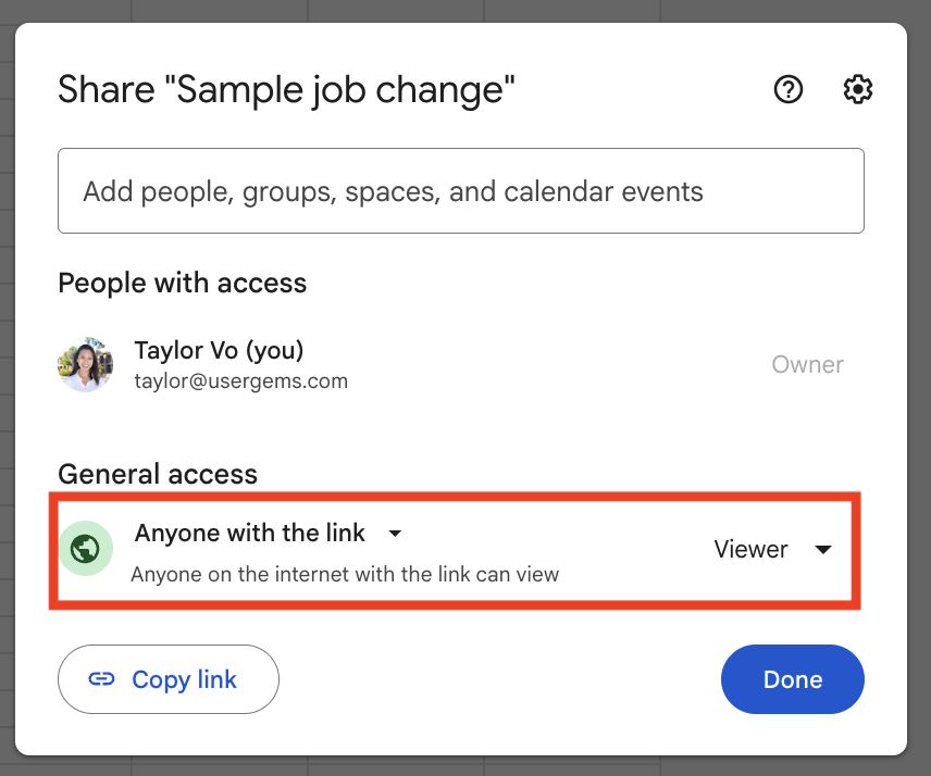 Google Sheets sharing settings set to Anyone with the link