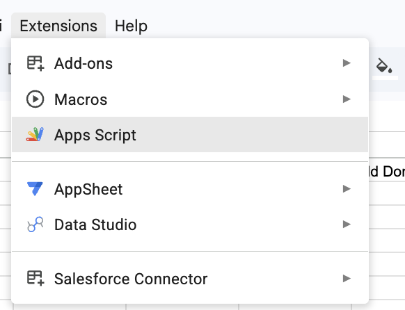 Google Sheets Extensions menu with Apps Script selected