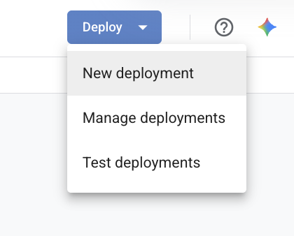 Apps Script Deploy menu with New deployment selected