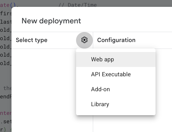 Apps Script deployment type selector with Web app chosen