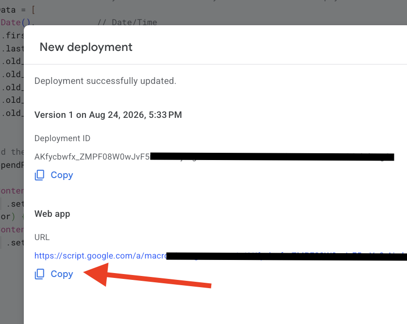 Apps Script deployment settings with Execute as Me and Who has access Anyone, showing the Web app URL