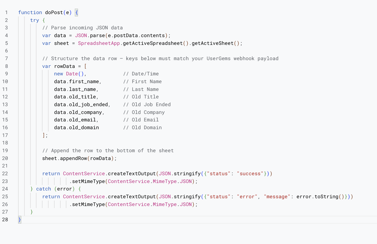 Apps Script editor showing the rowData block edited to match custom fields