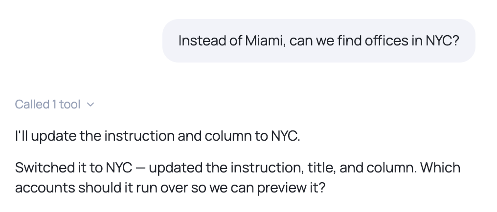 Asking the chat to swap one city for another updates the prompt and every question at once