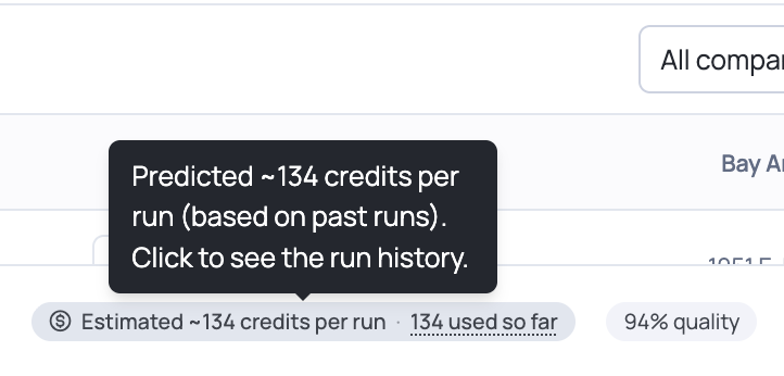 The credit estimate confirmation modal before a full run