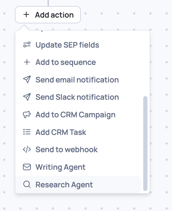 Choosing Research Agent from the campaign action list