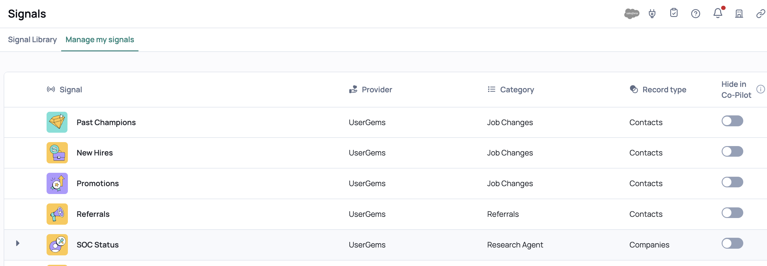 The Manage Signals page, where you toggle extension visibility