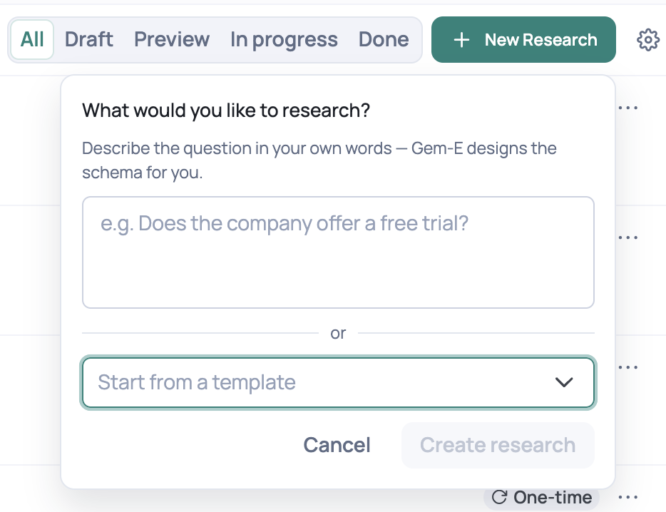 Choosing Start from a template when creating a new research