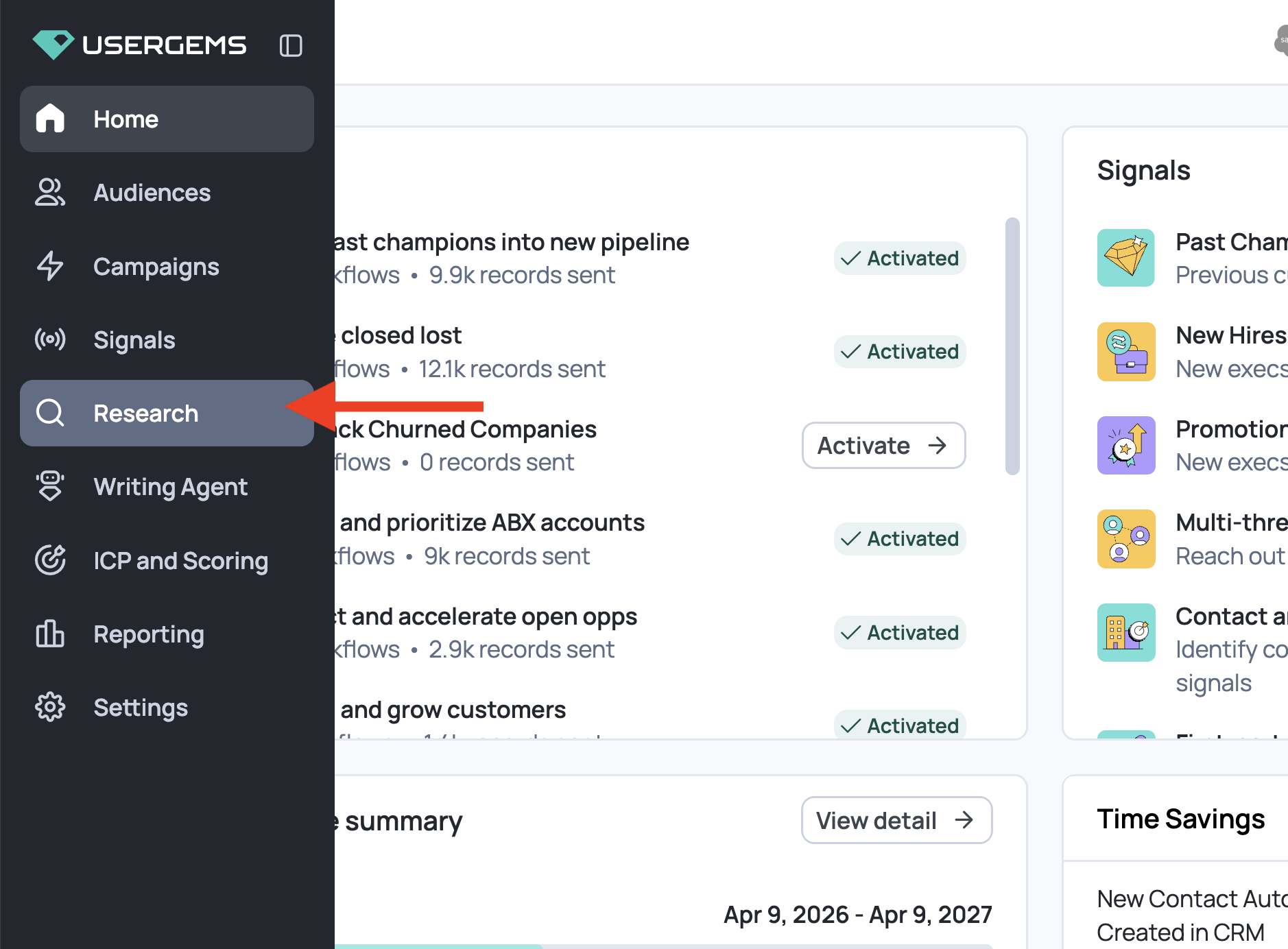 The Research tab in the UserGems left navigation