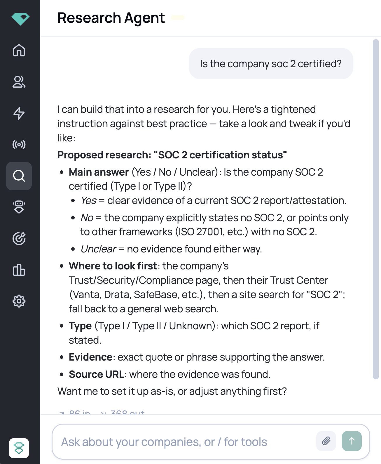 Assisted mode turning a one-line question into a full research brief